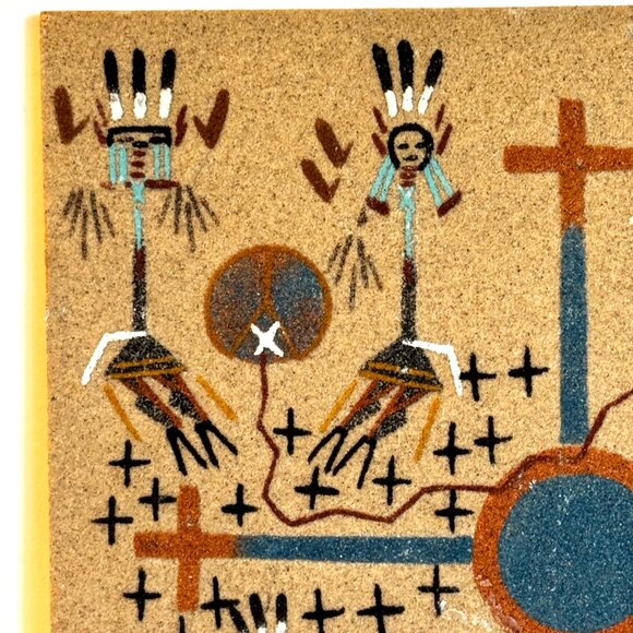 Navajo Indian Sand Art Creation Coyote Stealing Fire 8x8" Tile Todacheenie - Picture 2 of 9